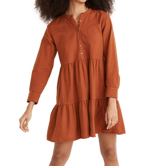 Madewell Long Sleeve Placket Tiered Cotton Flannel Mini Dress (US M)